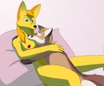  anthro breasts camaris canid canine cuddling duo embrace eyes_closed face_on_breast face_on_chest female fennec fox fur hand_on_back hand_on_head head_on_breast headpat hi_res hug lying lying_on_top male male/female mammal nipples on_back pillow red_fox slaika_(weaselclaw) tan_body tan_fur weaselclaw yellow_body yellow_fur 