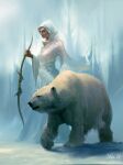  1girl bear blurry blurry_background bow breasts cleavage cloak day english_commentary fantasy full_body highres hood hood_up long_sleeves original outdoors philipp_urlich polar_bear signature snow white_cloak 