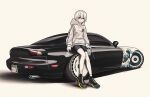  1boy absurdres black_car bokuya full_body highres hood hoodie mazda_rx-7 mazda_rx-7_fd original short_hair simple_background sitting solo stance_(vehicle) standing white_background white_hair 