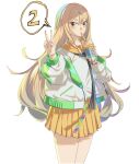  1girl black_neckerchief blonde_hair bubble_tea cup disposable_cup drinking drinking_straw feet_out_of_frame floating_hair green_jacket hand_up highres holding holding_cup jacket long_hair long_sleeves looking_at_viewer low_tied_sidelocks neckerchief official_alternate_costume oodenta_mitsuyo_(tenka_hyakken) sailor_collar salmonfordinner school_uniform shirt short_eyebrows skirt solo tenka_hyakken v white_background white_shirt yellow_eyes yellow_sailor_collar yellow_skirt zipper 