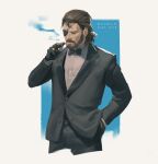  1boy beard black_bow black_bowtie black_gloves black_jacket black_pants bow bowtie brown_hair cigar dated facial_hair gloves hand_in_pocket holding holding_cigar jacket long_sleeves male_focus mature_male metal_gear_(series) metal_gear_solid_v:_the_phantom_pain pants partially_fingerless_gloves shirt sideburns smoking solo souyuu tuxedo venom_snake white_shirt 