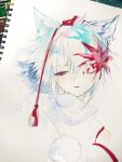  1girl animal_ears hat ikeda_ruriko inubashiri_momiji leaf maple_leaf medium_hair one_eye_closed painting_(medium) red_eyes red_headwear solo tokin_hat touhou traditional_media watercolor_(medium) white_hair wolf_ears 