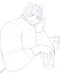  &lt;3 absurd_res ahoge anthro blush clothing glass hair hi_res lifewonders line_art live_a_hero looking_at_viewer male muscular muscular_anthro muscular_male silkybubbletea simple_background solo sweater topwear tsuneaki turtleneck white_background 