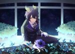  1boy ;| absurdres akaie11 anemone_(flower) black_hair black_jacket black_pants brooch buttons closed_mouth collared_shirt cross_tie feet_out_of_frame flower flower_bed gloves hair_between_eyes hajimari_no_kioku haruto_(hajimari_no_kioku) highres horns jacket jewelry lapels leaf leaning_forward looking_at_flowers male_focus notched_lapels one_eye_closed pants plant purple_flower reaching red_eyes red_vest shirt short_hair sitting sky sleeve_cuffs slit_pupils solo star_(sky) star_brooch starry_sky vest white_gloves white_shirt window 