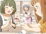  3girls ^_^ apron blue_skirt blush bow bowl brown_bow brown_eyes brown_hair cake closed_eyes closed_mouth food fruit green_hair grey_hair grey_shirt holding holding_food ichihara_nina idolmaster idolmaster_cinderella_girls koshimizu_sachiko long_hair long_sleeves mole mole_under_eye multiple_girls pastry_bag pink_apron plaid plaid_apron pleated_skirt puffy_long_sleeves puffy_sleeves shirt skirt steepled_fingers strawberry sweat takagaki_kaede unmoving_pattern white_apron wide_sleeves yukie_(kusaka_shi) 