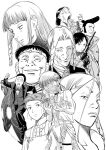  4girls 6+boys androgynous bare_shoulders braid dollar_bill highres hyperinflation jinou_rakugaki long_hair long_sleeves looking_at_viewer luke_(hyperinflation) monochrome multiple_boys multiple_girls otoko_no_ko pointy_ears short_hair_with_long_locks twin_braids urasawa_naoki_(style) 