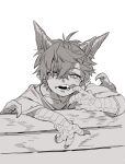  1boy child claws dragon_boy dragon_horns fangs finger_to_mouth furry furry_male greyscale hair_between_eyes horns kemonomimi_mode male_focus messy_hair monochrome monster_boy mullmull02 original pointy_ears scales sharp_teeth short_hair solo teeth 
