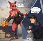  anthro big_breasts breasts chelodoy clothing dialogue duo english_text female five_nights_at_freddy&#039;s food foxy_(fnaf) fruit fur halloween hi_res holidays human male mammal nipples plant pumpkin red_body red_fur scottgames text translucent translucent_clothing 