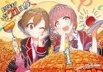  2girls :3 absurdres apapico apple apple_pie black_jacket blue_eyes bow bowtie bracelet brown_eyes brown_hair candle closed_mouth commentary_request countdown food fork fruit highres holding holding_fork holding_plate jacket jewelry leo/need_meiko long_sleeves meiko_(vocaloid) mochizuki_honami multiple_girls necktie official_art one_eye_closed open_mouth pink_necktie plate project_sekai red_bow red_bowtie red_jacket school_uniform short_sleeves side_ponytail signature smile sparkling_eyes vocaloid 
