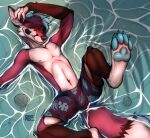  2023 anthro blue_eyes canid canine clothed clothing digital_drawing_(artwork) digital_media_(artwork) esko_(eskofox) eskofox fox fur hair hand_above_head hi_res looking_at_viewer lying lying_in_water male mammal on_back outside partially_submerged paws sea shadow shell smile solo swimwear tail water 