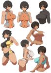  1girl ass breasts breasts_apart dark-skinned_female dark_skin highres kei_(m_k) large_breasts m_k multiple_views one-piece_swimsuit original short_hair stomach sweater swimsuit tall tall_female tomboy underboob 