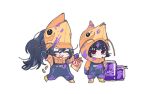  1boy 1girl antennae bag black_hair blue_overalls boots can chibi closed_eyes e.g.o_(project_moon) high_ponytail holding holding_bag hong_lu_(limbus_company) hood hood_down hood_up hoodie limbus_company lm_(lc_goodgame) long_hair long_sleeves open_mouth opened_can_of_wellcheers orange_headwear orange_hood orange_hoodie overalls project_moon red_eyes ryoshu_(limbus_company) simple_background smile very_long_hair white_background white_footwear 
