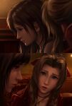  2girls absurdres aerith_gainsborough bare_shoulders black_hair blurry blurry_foreground brown_hair choker closed_mouth commentary earrings english_commentary final_fantasy final_fantasy_vii final_fantasy_vii_rebirth final_fantasy_vii_remake from_side green_eyes hair_ribbon highres indoors jacket jewelry long_hair looking_at_another multiple_girls multiple_views parted_bangs parted_lips pink_ribbon profile red_eyes red_jacket ribbon safaiaart single_earring swept_bangs tank_top teardrop_earring tifa_lockhart upper_body white_tank_top 