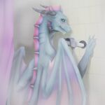  bathing blush body_pattern bone_frill claws dragon female feral frill_(anatomy) green_eyes grey_body grey_scales hi_res horn naomi_(awsw) paws pink_frill pokemoha purple_frill scales scalie shower showering solo wet wet_body wings 