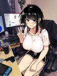  1girl absurdres black_eyes black_hair black_shorts blush breasts chair drink highres korean_commentary large_breasts long_hair monitor original shirt short_shorts shorts siribang1215 sitting solo v white_shirt 