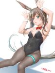 1girl :o absurdres amiya_(arknights) animal_ear_fluff animal_ears arknights armpits arms_up black_leotard blush bow bowtie breasts brown_pantyhose cowboy_shot dated detached_collar feet_out_of_frame green_eyes highres leotard long_hair looking_at_viewer open_mouth pantyhose playboy_bunny ponytail rabbit_ears rabbit_girl rabbit_pose red_bow red_bowtie signature simple_background small_breasts solo strapless strapless_leotard thighlet traditional_bowtie very_long_hair white_background yukinoshiro 