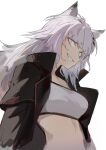  1girl animal_ears arknights bandeau black_jacket breasts commentary_request grey_eyes grey_hair grin hair_ornament hairclip jacket kegani_(kegani01) lappland_(arknights) long_hair looking_at_viewer medium_breasts midriff open_clothes open_jacket sharp_teeth simple_background smile solo stomach strapless teeth tube_top upper_body white_background wolf_ears 