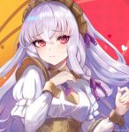  1girl :t breasts commentary_request dress fire_emblem fire_emblem:_three_houses fire_emblem_heroes hair_between_eyes juliet_sleeves leonmandala long_hair long_sleeves looking_at_viewer lysithea_von_ordelia maid maid_headdress medium_breasts necktie official_alternate_costume pink_eyes puffy_sleeves purple_hair purple_necktie red_background solo two-tone_background upper_body very_long_hair white_dress yellow_background 