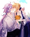  1boy 1girl ahoge artoria_pendragon_(fate) bare_shoulders black_pants blonde_hair blue_dress blue_ribbon bouquet braid braided_bun cloud cloudy_sky collarbone dress fate/grand_order fate_(series) flower french_braid hair_between_eyes hair_bun hair_ribbon highres holding holding_bouquet imminent_kiss long_hair long_sleeves looking_at_another merlin_(fate) outdoors pants ponytail profile purple_eyes ribbon s_00 saber shirt sidelocks sky very_long_hair white_shirt 