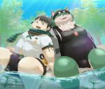  2023 anthro belly big_belly bottomwear canid canine canis clothing detailed_background domestic_dog dryeer_drydry duo eyes_closed green_body hi_res human kemono male mammal moobs outside overweight overweight_male shinosuke shirt shorts sitting tamacolle topwear water 