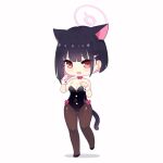  1girl :o alternate_costume animal_ears bare_shoulders black_hair black_leotard black_pantyhose blue_archive blunt_bangs bow_choker cat_ears cat_girl cat_tail chibi choker collarbone colored_inner_hair commentary_request hair_ornament hairclip halo kazusa_(blue_archive) leotard looking_at_viewer multicolored_hair nontraditional_playboy_bunny pantyhose parsleyshrimp paw_pose red_eyes ribbon_choker short_hair sidelocks simple_background sleeveless solo strapless strapless_leotard tail two-tone_hair white_background wrist_cuffs 