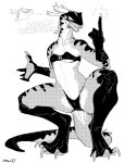  2023 anthro bebebebebe biped bra breasts claws clothing crouching digital_media_(artwork) english_text female finger_claws greyscale hi_res lizard monochrome non-mammal_breasts panties reptile scalie simple_background solo text toe_claws underwear white_background 