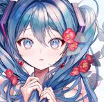  1girl aqua_eyes aqua_hair aqua_nails bare_shoulders collared_shirt commentary_request earrings flower grey_shirt hair_between_eyes hair_flower hair_ornament hands_in_hair hatsune_miku heart heart-shaped_pupils heart_earrings highres holding_own_hair jewelry leaf light_blush long_hair looking_at_viewer parted_lips pipi red_flower shirt sleeveless sleeveless_shirt solo symbol-shaped_pupils twintails upper_body very_long_hair vocaloid 