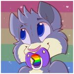 1:1 anthro blue_eyes bust_portrait cheek_tuft facial_tuft front_view fur grey_body grey_fur head_tuft heyitsjaq lgbt_pride male no_pupils object_in_mouth pacifier pacifier_in_mouth pink_nose portrait pride_colors progress_pride_colors rainbow_pride_colors smile solo tuft yellow_body yellow_fur young 