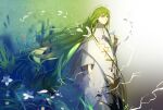  1other androgynous closed_mouth electricity enkidu_(fate) falling_petals fate/grand_order fate/strange_fake fate_(series) feet_out_of_frame flower green_hair hair_between_eyes hand_up holding holding_flower jewelry long_hair long_sleeves looking_afar necklace petals plant robe solo very_long_hair white_flower white_robe wide_sleeves xuehua 