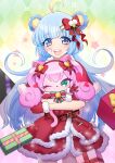  1girl animal_ears bear_ears bear_girl blue_eyes blue_hair blush dress highres long_hair looking_at_viewer low_twintails mel6969 open_mouth rosia_(show_by_rock!!) santa_dress show_by_rock!! smile solo_focus stuffed_toy tsukino_(show_by_rock!!) twintails 