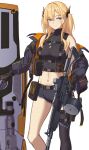  1girl 3_small_spiders assault_rifle belt_pouch black_gloves black_jacket black_shirt black_shorts black_thighhighs blonde_hair blue_eyes character_request commentary_request commission crop_top dog_tags girls&#039;_frontline gloves gun highres holding holding_gun holding_shield holding_weapon jacket linea_alba long_hair looking_at_viewer midriff navel off_shoulder pouch rifle shield shirt shorts single_thighhigh skeb_commission sleeveless sleeveless_turtleneck smile solo tactical_clothes thigh_strap thighhighs tower_shield turtleneck two_side_up weapon weapon_request 
