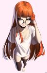  1girl absurdres ahoge black-framed_eyewear black_choker black_thighhighs blunt_bangs breasts choker closed_mouth collarbone from_above full_body glasses hand_up highres long_hair looking_at_viewer looking_up no_pants orange_hair persona persona_5 purple_eyes sakura_futaba shirt simple_background small_breasts solo standing standing_on_one_leg thighhighs thighs very_long_hair white_shirt x_xith_x 