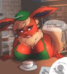  5_fingers anon anthro anthrofied apron apron_only beverage big_breasts black_sclera breast_rest breasts cleavage clothed clothing coffee coffee_cup coffee_shop container cup dialogue ears_down eeveelution female fingers flareon fluffy fluffy_tail fur generation_1_pokemon hambinito hat head_tuft headgear headwear hi_res huge_breasts looking_at_viewer mane markings milk multicolored_body nintendo open_mouth orange_body orange_fur pivoted_ears pokemon pokemon_(species) presenting solo speech_bubble tail tuft white_eyes 