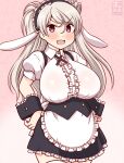  1girl animal_ears apron artist_logo black_hairband blush breasts brown_eyes center_frills conte_di_cavour_(kancolle) cosplay cross_tie dated droopy_ears fake_animal_ears fleur_de_lapin_uniform floppy_ears frilled_apron frilled_cuffs frilled_hairband frilled_shirt frills gradient_background grey_hair hairband kanon_(kurogane_knights) kantai_collection kirima_syaro kirima_syaro_(cosplay) large_breasts lolita_hairband long_hair one-hour_drawing_challenge open_mouth pink_background puffy_short_sleeves puffy_sleeves rabbit_ears shirt short_sleeves smile solo two_side_up underbust waist_apron waitress white_apron wrist_cuffs 
