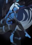  absurd_res big_tail black_body blue_body blue_eyes breasts darling_in_the_franxx dekatunololigon female hair hi_res horn humanoid klaxosaur_princess licking licking_lips long_hair long_tail looking_at_viewer multicolored_body not_furry small_breasts smile studio_trigger tail tongue tongue_out two_tone_body white_hair 