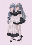  2girls :t absurdres alternate_costume apron black_dress black_footwear blue_eyes blush closed_mouth commentary_request dress enmaided frilled_apron frilled_dress frills fu_hua fu_hua_(herrscher_of_sentience) grey_hair hair_between_eyes high_heels highres hkhkfff0 honkai_(series) honkai_impact_3rd juliet_sleeves long_hair long_sleeves maid maid_apron maid_headdress multiple_girls pantyhose parted_lips pink_background pleated_dress puffy_sleeves red_eyes shoes simple_background sweat thighhighs v-shaped_eyebrows very_long_hair white_apron white_pantyhose white_thighhighs 