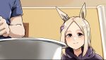  1boy 1girl animal_ears blush bowl casual closed_mouth commentary_request door forehead hair_ornament highres horse_ears horse_girl kakuteru_sudachi looking_at_viewer medium_hair narita_top_road_(umamusume) smile solo_focus trainer_(umamusume) umamusume yellow_eyes 