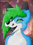  anthro black_tongue blue_body blue_fur canid canine fox fur girly green_eyelids green_hair hair hi_res male mammal snout_notch solo teeth tokalafox tokalathefox tongue 