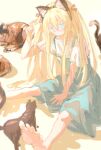  1girl :&lt; animal animal_ears barefoot between_legs black_cat blonde_hair blue_dress blue_eyes c4_art cat cat_ears closed_mouth colored_eyelashes dress fake_animal_ears genshiken hair_between_eyes hair_ribbon hairband hand_between_legs highres holding holding_hair long_hair pinafore_dress pink_hairband pink_ribbon ribbon shadow shirt short_sleeves sitting sleeveless sleeveless_dress susanna_hopkins two_side_up v-shaped_eyebrows very_long_hair white_shirt 