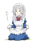  1girl alternate_costume apron commentary doyagao earrings elf enmaided frieren green_eyes highres jewelry long_hair maid maid_apron maid_headdress meme parody pointy_ears seiza sitting smug solo sousou_no_frieren twintails ueyama_michirou white_background you_can_just_give_this_kind_of_thing_to_men_and_they_will_be_thrilled_(meme) 