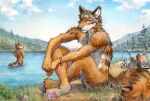  akatan_art anthro back_facing_viewer backpack bracelet brown_body brown_fur butt camping canid canine canis crossed_legs digitigrade fishing_rod flower fox fur green_eyes hi_res jewelry male mammal nude orange_body orange_fur painting_(artwork) partially_submerged pawpads plant solo_focus traditional_media_(artwork) watercolor_(artwork) wolf 