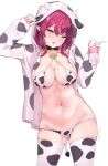  1girl absurdres animal_ears animal_print artist_name ass_visible_through_thighs bell bikini blush breasts cow_ears cow_horns cow_print cow_print_bikini cow_print_thighhighs cow_tail cowbell english_commentary heterochromia highres hololive hololive_english horns irys_(hololive) large_breasts looking_at_viewer multicolored_hair multiple_horns namiorii pointy_ears print_bikini purple_eyes red_hair solo streaked_hair swimsuit tail virtual_youtuber 