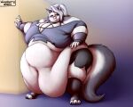  5:4 anthro belly belly_overhang big_belly big_breasts breasts canid canid_demon demon ear_piercing female fur grey_body grey_fur grey_hair grey_tail hair hand_on_wall hellhound helluva_boss hi_res huge_belly looking_at_viewer loona_(helluva_boss) mammal morbidly_obese morbidly_obese_anthro morbidly_obese_female notched_ear obese obese_anthro obese_female overweight overweight_anthro overweight_female piercing red_sclera solo standing tail wenisberry white_body white_eyes white_fur white_tail 