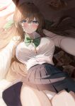  1girl black_skirt blue_eyes blush bow bowtie bra_visible_through_clothes breasts button_gap cleavage collared_shirt green_bow green_bowtie green_ribbon hair_between_eyes hair_ribbon highres large_breasts long_hair lying on_back on_bed original panties photo_(object) piyopoyo pleated_skirt ribbon school_uniform shirt skirt tearing_up tears underwear white_panties white_shirt 