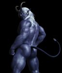  back_muscles blue_body butt butt_focus demon demon_humanoid glowing glowing_eyes hair horn horned_humanoid humanoid humanoid_pointy_ears long_ears long_hair male muscular muscular_humanoid muscular_male nude presenting presenting_hindquarters rear_view silverjay solo white_hair 