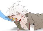  bottle breast_pocket danganronpa_(series) danganronpa_2:_goodbye_despair drawstring drooling eating english_commentary fried_egg fried_egg_on_toast grey_eyes hair_between_eyes highres hood hoodie komaeda_nagito looking_at_food lying male_focus messy_hair milk_bottle on_stomach pocket seumol_sx shirt short_hair sweat teeth tongue tongue_out upper_teeth_only white_background white_hair white_shirt 