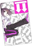  1girl absurdres asameshi brown_eyes brown_hair character_request closed_mouth copyright_request hands_in_pockets highres looking_at_viewer multiple_hairpins pants ponytail purple_footwear shirt shoes short_sleeves sneakers solo t-shirt white_shirt 