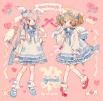  2girls :o ahoge angel angel_wings animal_bag animal_ears ankle_cuffs back_bow bag blue_bow blue_bowtie blue_footwear blue_sailor_collar blush_stickers bow bow_legwear bow_print bowtie brown_hair candy closed_mouth cloud collared_dress commentary cross-laced_footwear dress english_commentary english_text floppy_ears flower food frilled_dress frilled_sleeves frills full_body gloves grey_hair hair_bow hair_flower hair_ornament hairclip halo heart heart_hair_ornament highres lace-trimmed_gloves lace-trimmed_ribbon lace-trimmed_sleeves lace_trim long_hair long_sleeves mary_janes multiple_girls multiple_hair_bows open_mouth original pink_background pink_bag pink_bow pink_bracelet pink_eyes pink_flower pink_footwear pom_pom_(clothes) puffy_long_sleeves puffy_short_sleeves puffy_sleeves putong_xiao_gou rabbit_bag rabbit_ears rabbit_hair_ornament red_lips ribbon ribbon-trimmed_dress sailor_collar shoes short_dress short_sleeves sidelocks single_glove sleeve_bow smile socks straight_hair striped striped_dress stuffed_animal stuffed_rabbit stuffed_toy tote_bag twintails vertical-striped_dress vertical_stripes white_bow white_bowtie white_dress white_gloves white_headdress white_ribbon white_socks white_wings winged_heart wings wrist_bow yellow_halo 