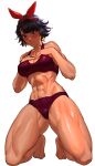  1girl abs absurdres barefoot bikini black_eyes black_hair blush breasts cleavage collarbone dark-skinned_female dark_skin earrings full_body headband highres jewelry josie_rizal looking_at_viewer navel nutro purple_bikini red_ribbon ribbon shiny_skin short_hair simple_background solo stomach swimsuit tekken tekken_7 toenails white_background 