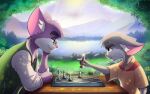 2017 anthro archer_(fxscreamer) arlo_(fxscreamer) biped chess chess_piece clothed clothing colored detailed_background duo felid feline fur fxscreamer grey_body grey_fur hi_res holding_object male mammal pink_body pink_fur signature 